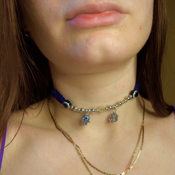 Handmade Blue Choker with Black Evil Eye, 4 leave clover and Hansa Hand - Picture 2 of 6